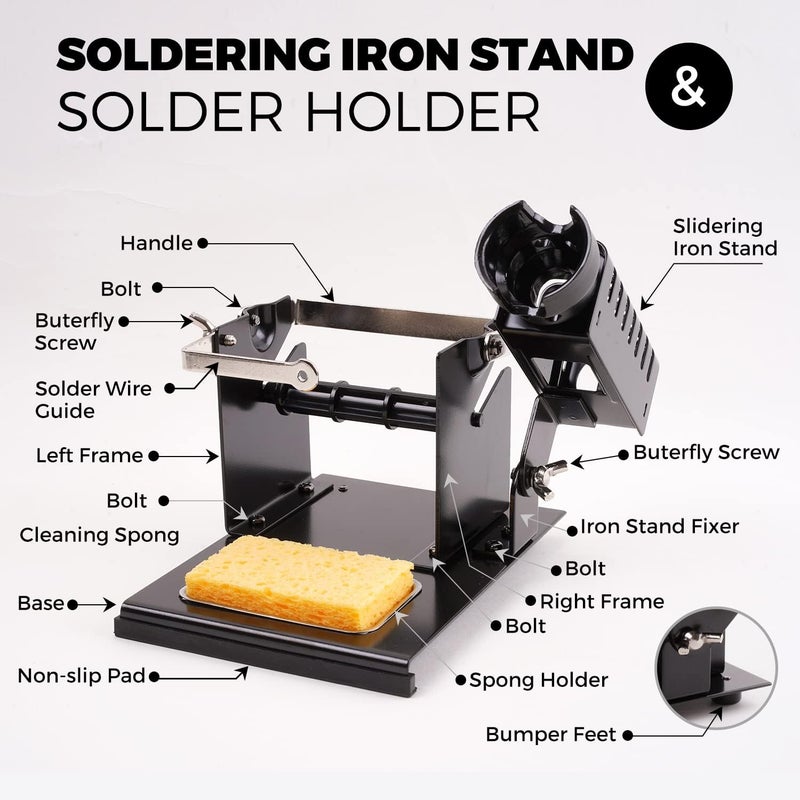 Noah Premium Soldering Iron Holder with Soldering Wire Feeder and Sponge, Soft sponge Tip Cleaner Kit, Heavy Metal Base, Black - Image 3